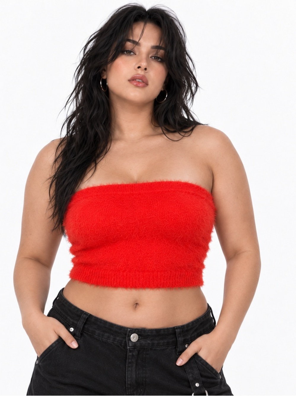 REHAB LAB Fuzzy Knit Sweater Tube Top Stretchy Strapless Orange Red Neon Red L